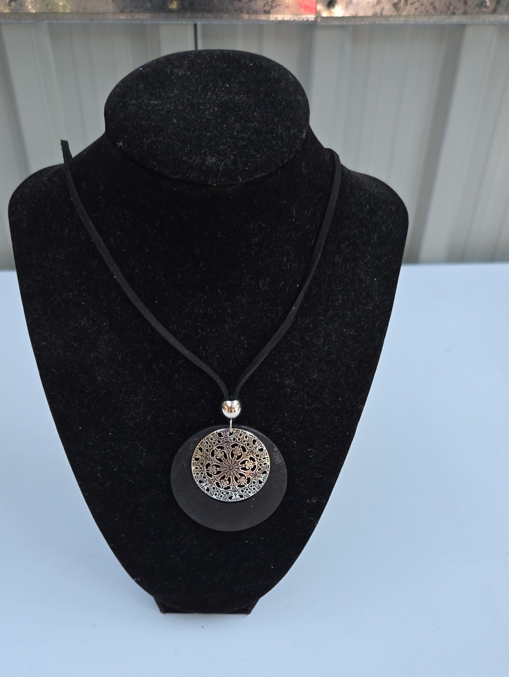 Black Pendant Necklace with Filigree Silver Medallion
